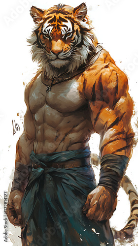 A muscular anthropomorphic tiger stands confidently, showcasing strength and a fierce demeanor.