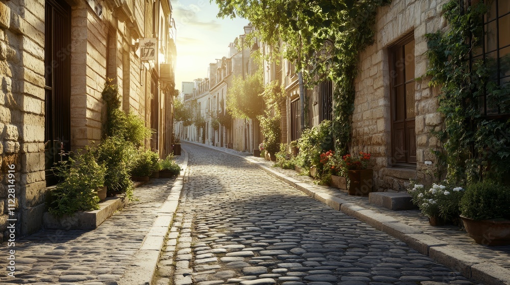 Fototapeta premium A cobblestone city street with a vertical mockup banner, ideal for urban-style advertisements