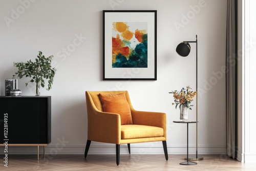 Cozy and Stylish Living Room with Modern Decor Featuring a Yellow Armchair, Vibrant Art, Elegant Floor Lamp, and Fresh Greenery in a Contemporary Space photo