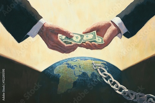 Abstract of Hands Exchanging Money Under Table, Shadows Forming Chains Entangling the Globe photo