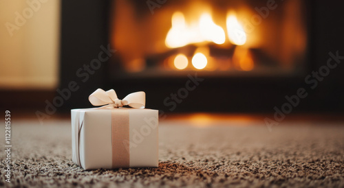 A white gift box with a bow, placed on the floor in front of a fireplace photo