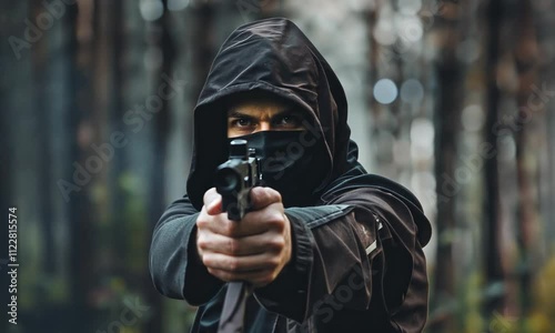 Personne encapuchonnée pointant un pistolet vers l’objectif dans une forêt sombre, visage partiellement couvert, scène de menace armée en extérieur, tension, danger, crime et violence