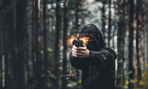 Personne encapuchonnée tirant avec un pistolet dans une forêt sombre, scène d’action en extérieur avec arme de poing, éclair de tir, capuche noire, danger, violence, crime et tension

