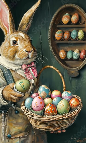 Lapin de Pâques tenant un panier d’œufs colorés avec costume et nœud papillon, léger zoom sur scène pascale vintage avec œufs décorés, tradition de Pâques, printemps et chasse aux œufs