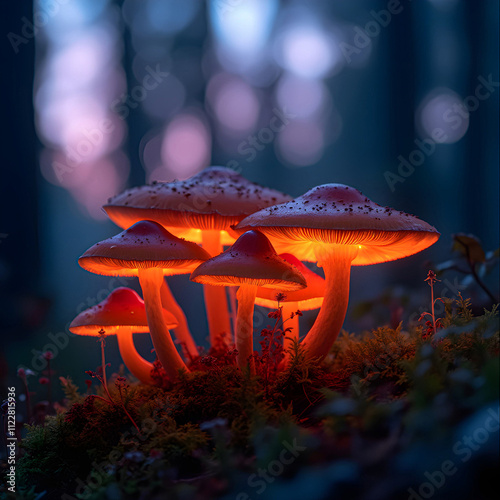 Image of glowing mushrooms in forest at twilight
 photo