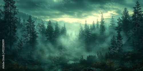 A moody with a low-hanging fog creeping between tall pine trees, creating a mysterious ambiance. photo