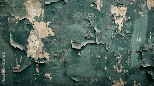 Aged dark green concrete wall with peeling paint, vintage feel, high detail. photo