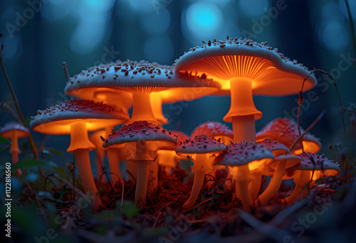 Image of glowing mushrooms in forest at twilight
 photo