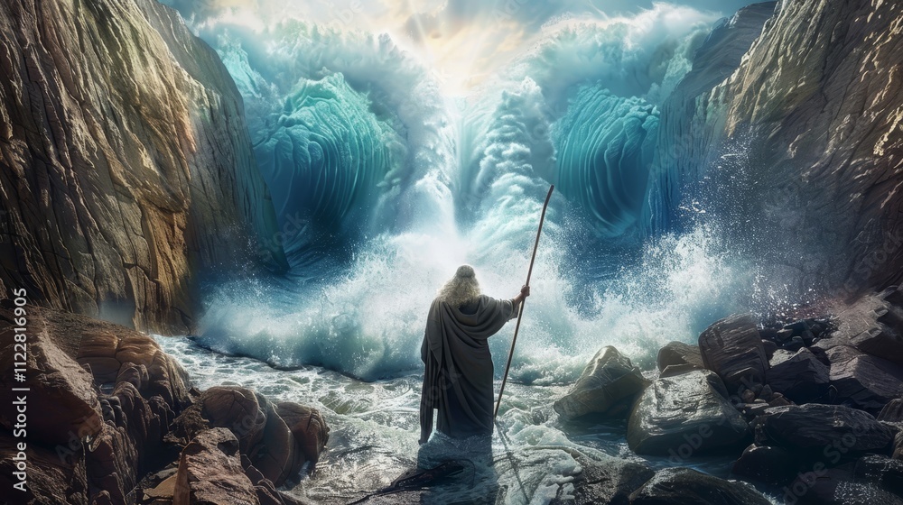 Obraz premium Moses with staff as divine light illuminates the parting of the yam suph waters in miraculous scene