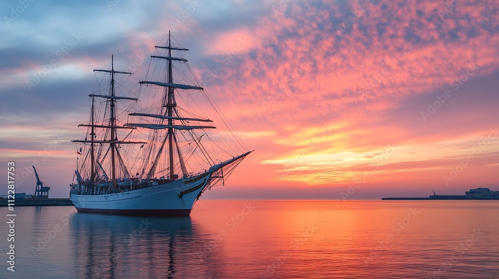 Obraz premium Elegant Schooner Against Vibrant Sunset Over Tranquil Harbor Waters : Generative AI