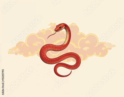 vector of a red snake with a red body and yellow traditional sacred clouds in the background