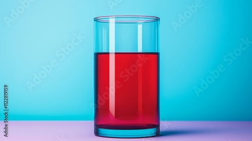 A vibrant glass filled with a red liquid against a bright blue background, showcasing a modern and minimalistic aesthetic.