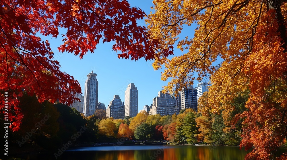 Obraz premium Autumn Cityscape with Colorful Foliage and Reflections in Pond Central Park New York : Generative AI