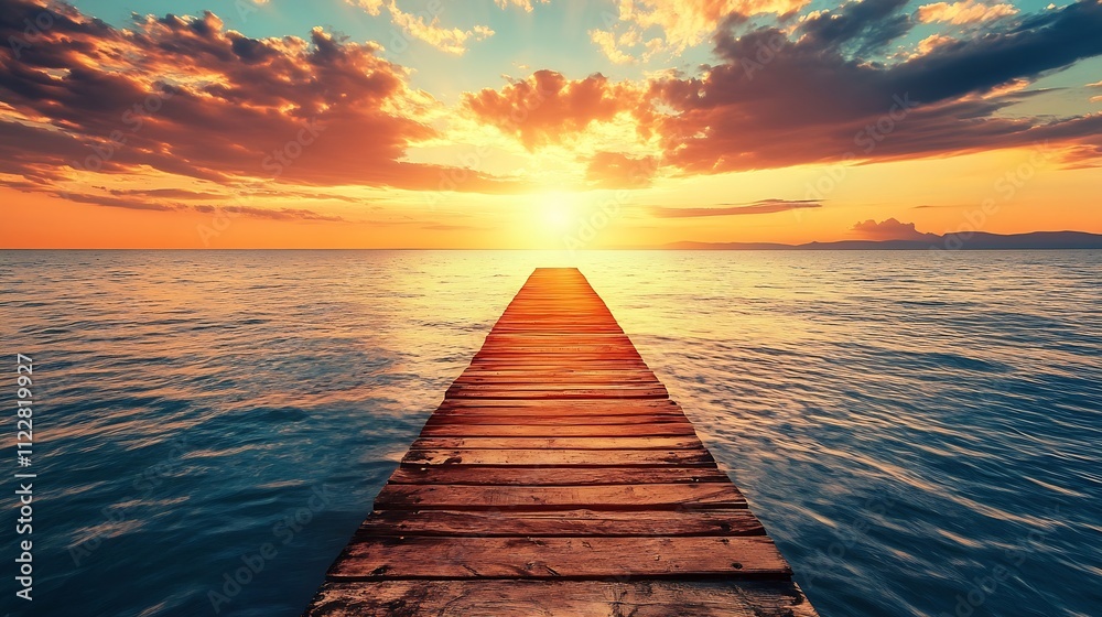 Fototapeta premium Idyllic Sunset Over Ocean with Pier Leading into Vibrant Horizon Capturing Tranquility : Generative AI