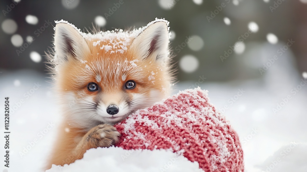 Obraz premium Cute Young Red Fox Playfully Hiding Behind a Knitted Red Scarf in Snow : Generative AI