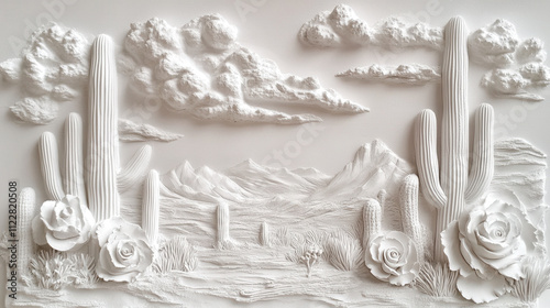 stunning white relief sculpture depicting desert landscape with cacti and roses, showcasing intricate details of clouds and mountains