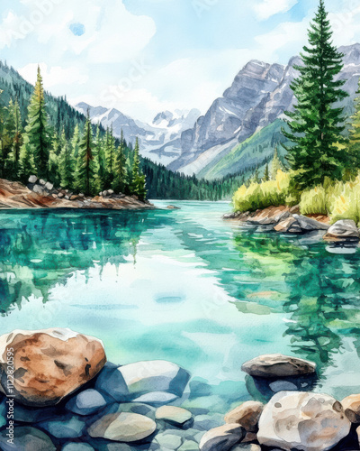 serene landscape featuring tranquil lake surrounded by lush green trees and majestic mountains. clear water reflects vibrant colors of nature, creating peaceful atmosphere