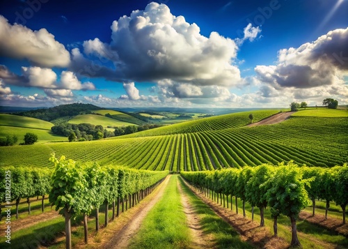 Wallpaper Mural Captivating Tilt-Shift Vineyard Landscape in Summer with Lush Green Grapevines, Rolling Hills, and Vibrant Blue Sky for Stunning Visual Appeal and Serene Atmosphere Torontodigital.ca