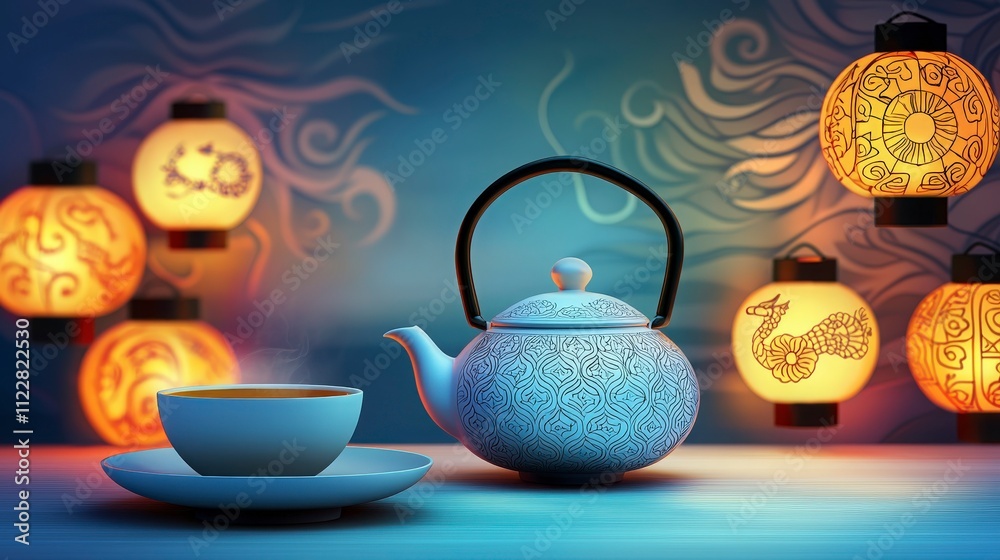 Fototapeta premium Serene Tea Ceremony with Illuminated Lanterns
