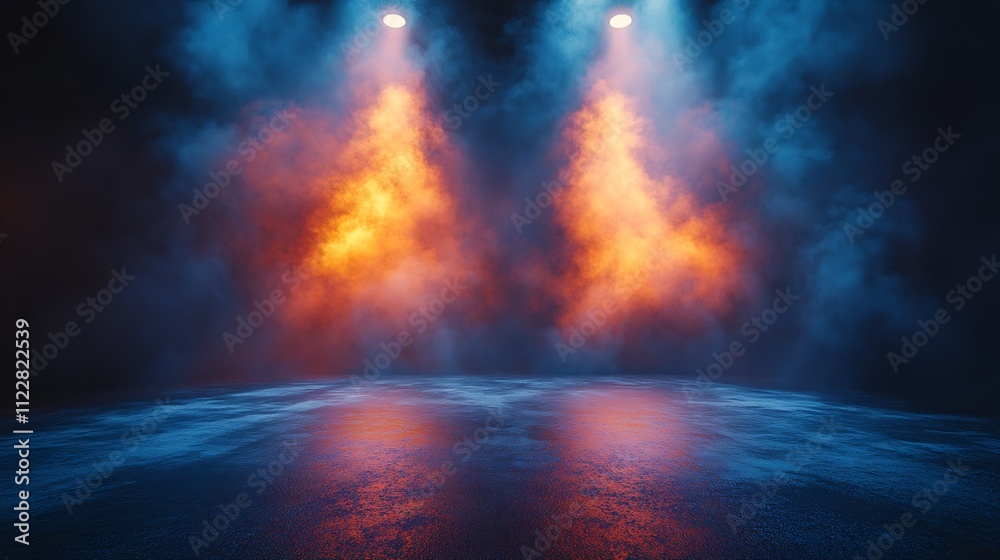 Obraz premium Dramatic Stage with Dual Intense Orange Smoke Under Blue Lighting for Theater or Concert Backdrop : Generative AI