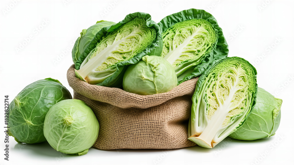 Fototapeta premium Fresh Green Cabbage with Burlap Sack 