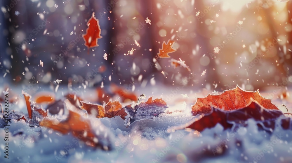 Enchanting winter landscape  frosty leaves embraced by snow and ice in a magical nature scene