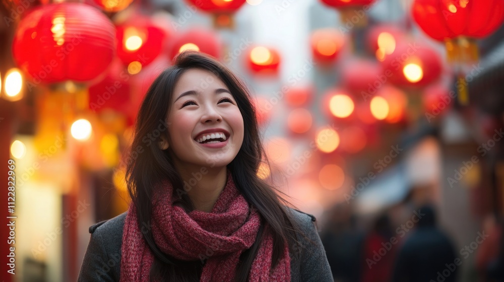 Happy young woman smiling under red lanterns. Happy young woman smiling under red lanterns.