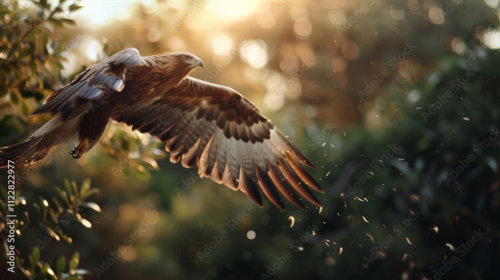 Fototapeta premium An eagle soars through a sunlit forest, wings extended wide, capturing the beauty and freedom of nature in graceful flight.
