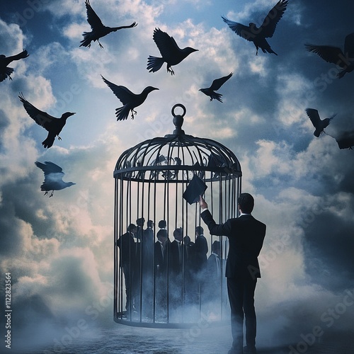 Man Unlocking a Cage of Trapped Individuals, Birds Flying in Background, Symbolizing Justice photo