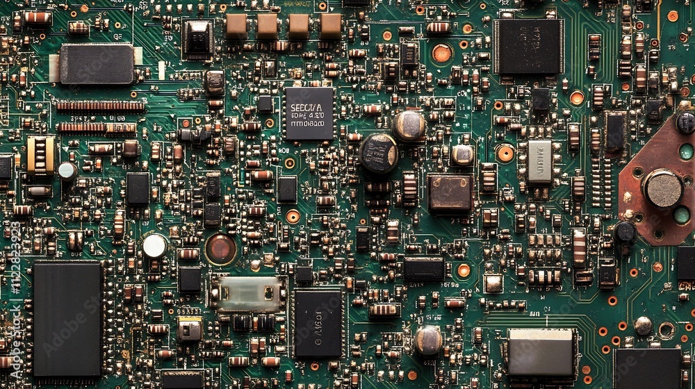 Intricate View of Dense Circuit Board with Multiple Electronic Components : Generative AI Intricate View of Dense Circuit Board with Multiple Electronic Components : Generative AI