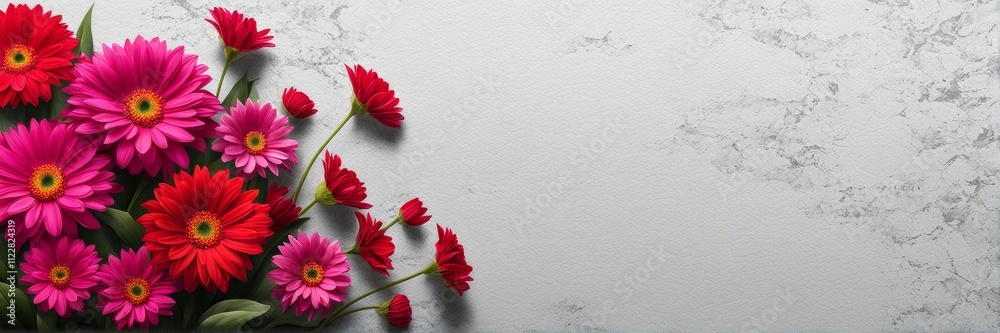 The bright pink and red flowers decorating the wall banner contrast with the bare wall. A banner with space for text. The bright pink and red flowers decorating the wall banner contrast with the bare wall. A banner with space for text.