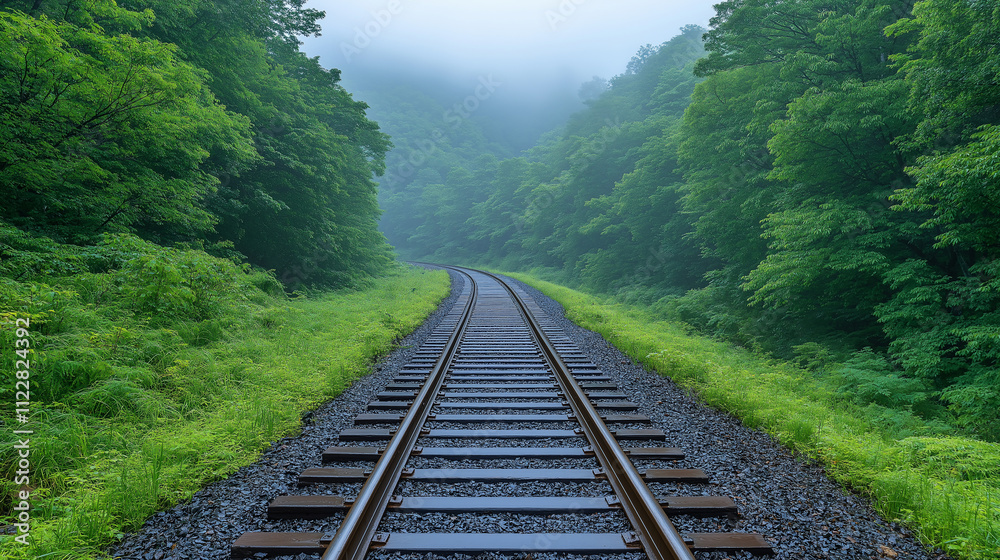 Obraz premium Photograph of train tracks leading into the distance, surrounded by green forest, foggy weather