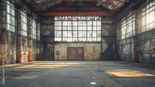 Rustic wide industrial warehouse interior with beam supports and soft natural light : Generative AI