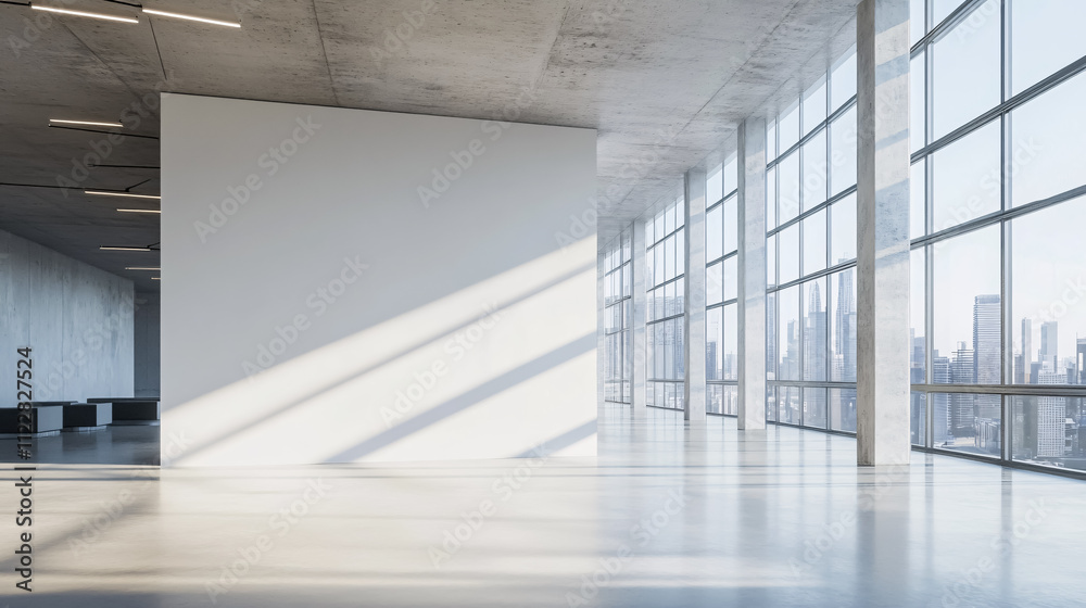 Fototapeta premium A blank white wall in a concrete office with large windows, ideal for mockups or 3D rendering.