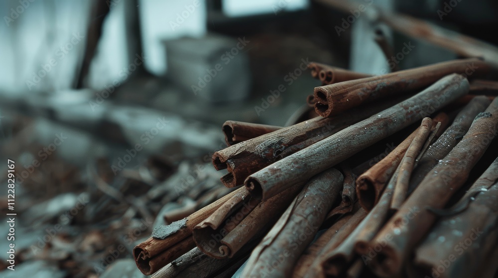 Fototapeta premium Close-up of a pile of cinnamon sticks, their earthy texture and seasoned aroma evoking thoughts of warmth and spicy flavors.