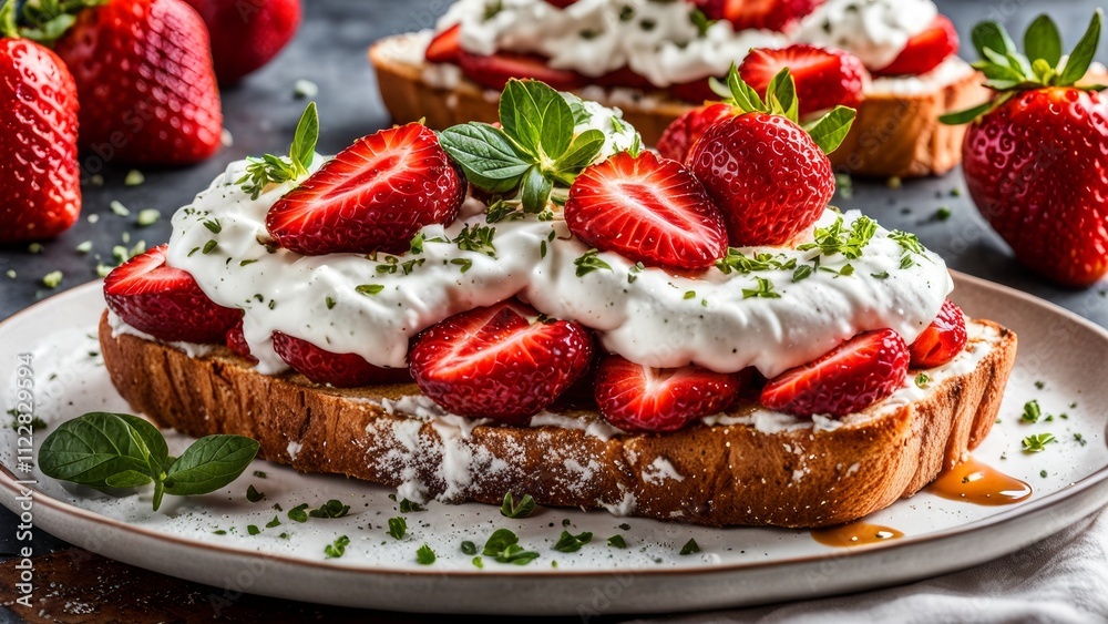 Toast with ricotta and whipped cream with strawberries, honey ricotta spread on crispy toasted bread, garnished with caramelized fried strawberries, garnished with fresh thyme leaves. Toast with ricotta and whipped cream with strawberries, honey ricotta spread on crispy toasted bread, garnished with caramelized fried strawberries, garnished with fresh thyme leaves.
