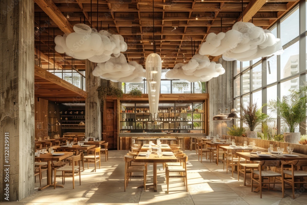 Fototapeta premium Modern Restaurant Interior with Wooden Beams and Cloud-Shaped Lighting