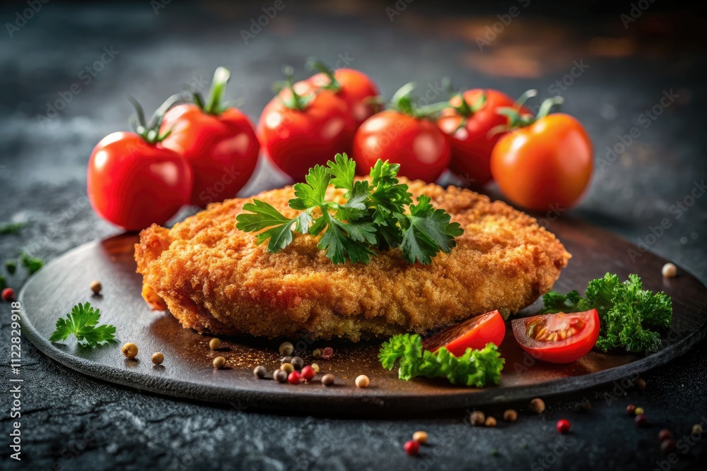 Minimalist Breaded Pork Chop Photography: Dark Background, Parsley, Tomatoes Minimalist Breaded Pork Chop Photography: Dark Background, Parsley, Tomatoes
