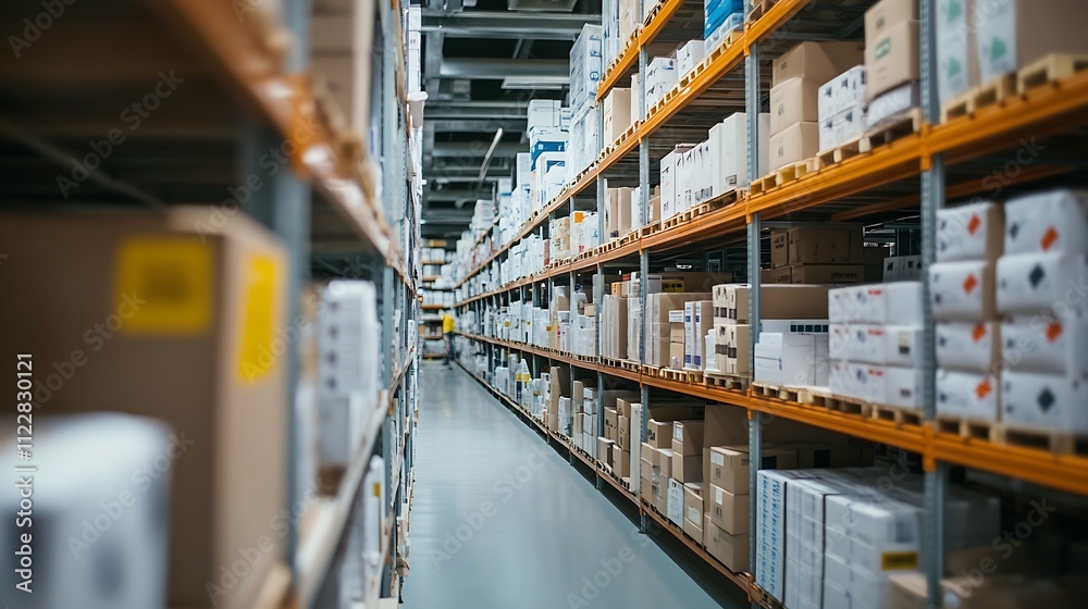 Fototapeta premium Vast Modern Warehouse with High Shelves Fully Stocked with Various Merchandise in Industrial Setting : Generative AI