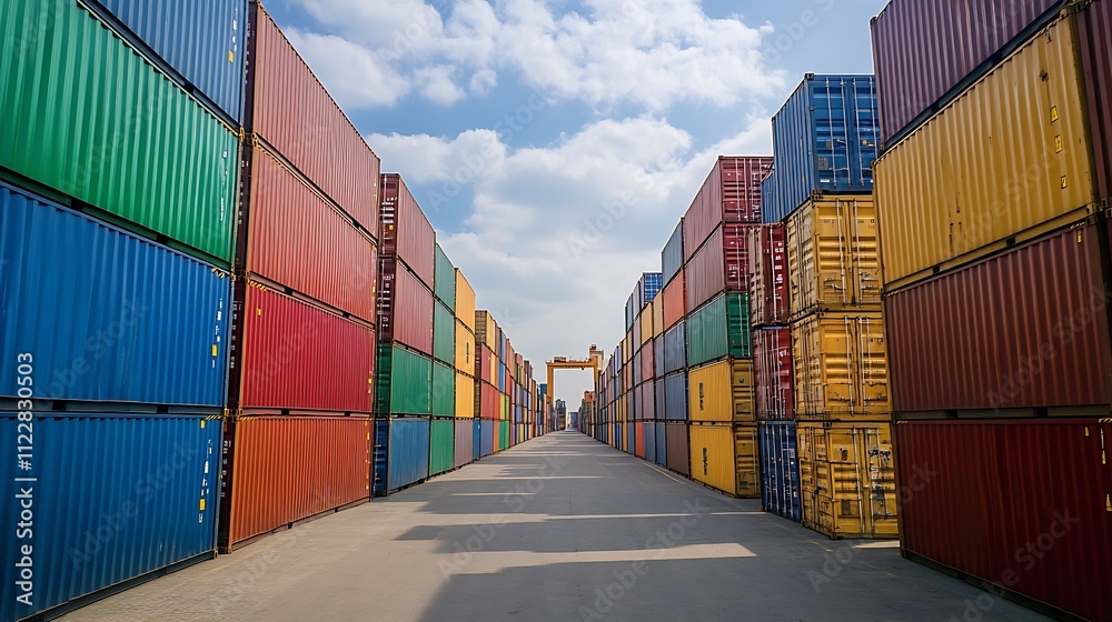 Fototapeta premium Colorful shipping containers stacked at a commercial port under a bright blue sky : Generative AI