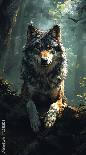 A majestic wolf resting in a sunlit forest, showcasing its beauty and wild nature.