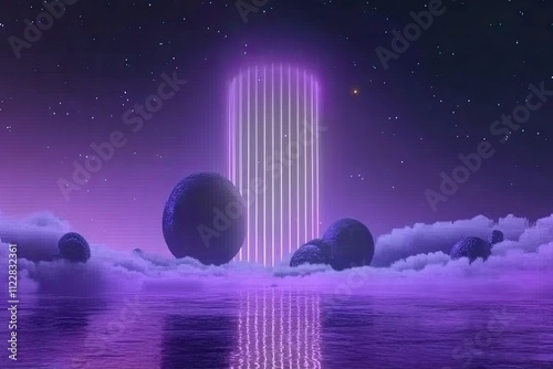 Ethereal nightscape a surreal scene with a neon purple column, floating orbs, and a tranquil purple sea under a starry sky. Ideal for fantasy, sci-fi, or cosmic themes. photo