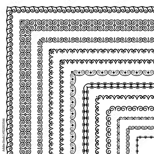 Vector set of corner brushes with vintage geometric patterns. Group of border designs for certificates, friezes, frame, card, invitation, printing on textile, paper. Brushes are included in the file
