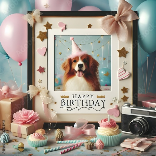 beautiful happy birthday card with balloons and photo frame