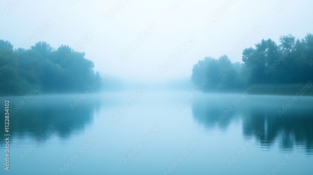 Fototapeta premium Tranquil Morning Mist Over Serene Lake Creating a Peaceful Natural Landscape : Generative AI