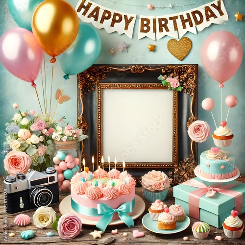 beautiful happy birthday card with balloons and photo frame