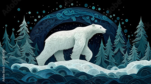 Highly detailed, multi layered cut paper polar bear, walks in profile on a snowy ridge, aurora borealis in background photo