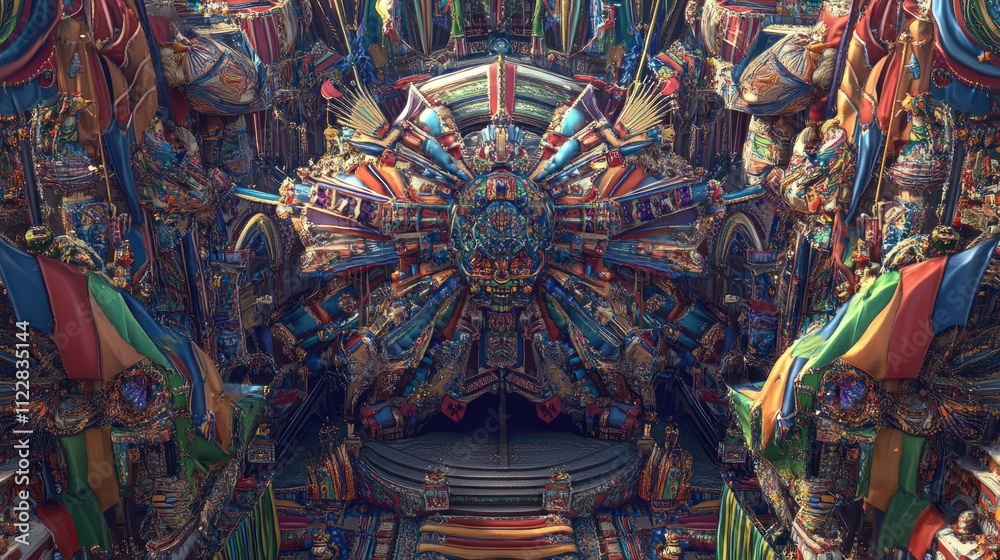 Fototapeta premium A vibrant, intricate architectural design featuring colorful patterns and ornate decorations.