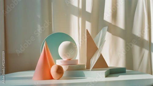 Geometric shapes in pastel colors are artfully arranged in soft natural light, creating a harmonious balance of form and color, reminiscent of modern art. photo