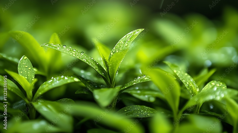 Fototapeta premium Fresh Green Leaves with Water Droplets on a Background of Vibrant Foliage : Generative AI